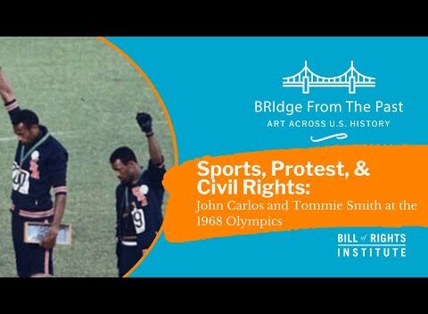 Image of John Carlos and Tommie Smith raising their fists in protest during the 1968 Olympics, highlighting civil rights.