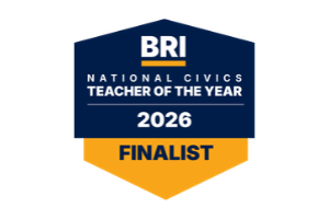 Logo for the BRI National Civics Teacher of the Year 2026 Finalist award in blue and yellow.