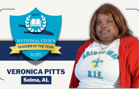 Woman wearing a "Saints Way" shirt beside a "National Civics Teacher of the Year" award graphic.