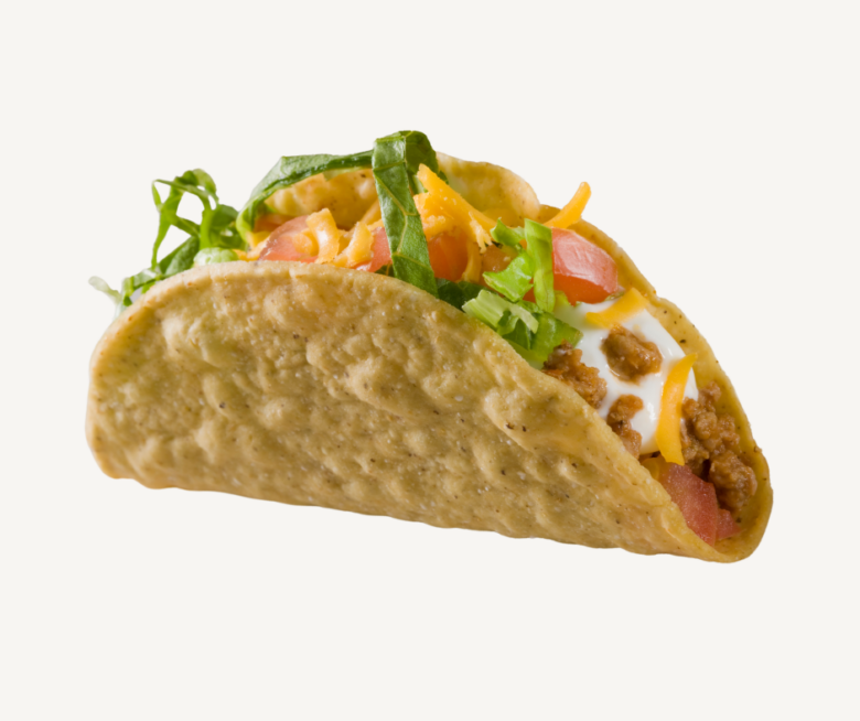 A soft taco filled with ground beef, lettuce, cheese, tomatoes, and sour cream on a plain background.