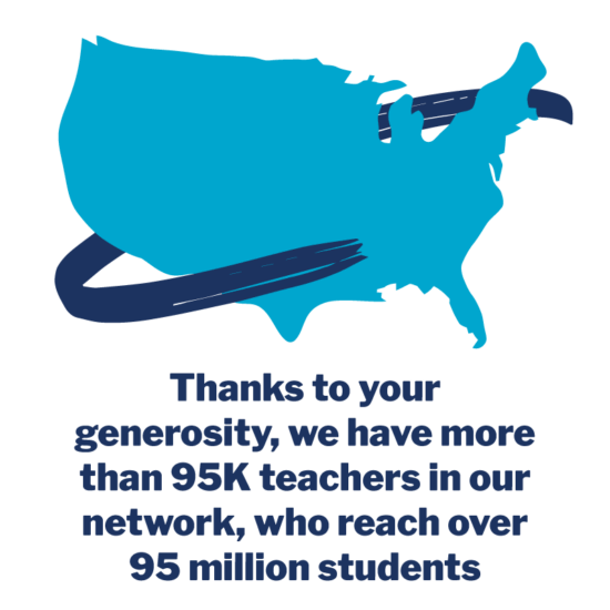 Graphic of the USA map with text about 95K teachers reaching over 95 million students.
