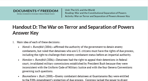 Document titled "Handout D: The War on Terror and Separation of Powers Answer Key" with a list of decisions.