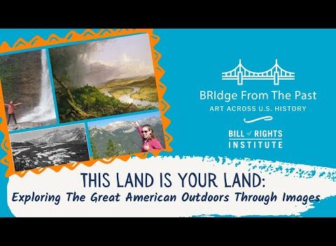 Collage of outdoor images and text promoting an art project about American landscapes and history.