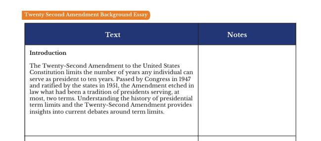 Table titled "Twenty Second Amendment Background Essay" with sections for Text and Notes.