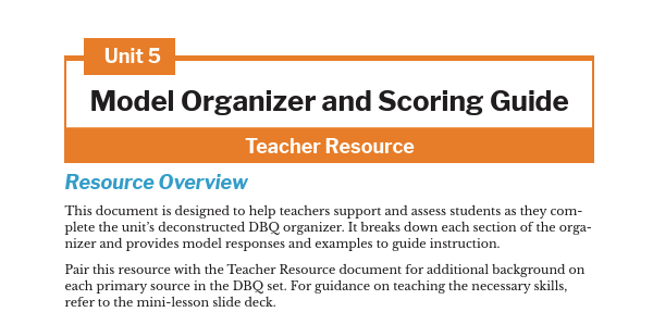Document titled "Model Organizer and Scoring Guide" with a resource overview for teaching support and assessment.