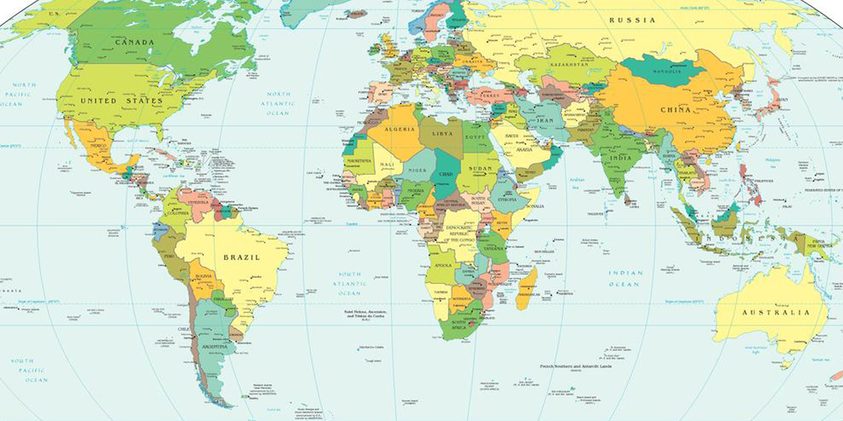 World map showing countries, oceans, and geographical features in various colors.