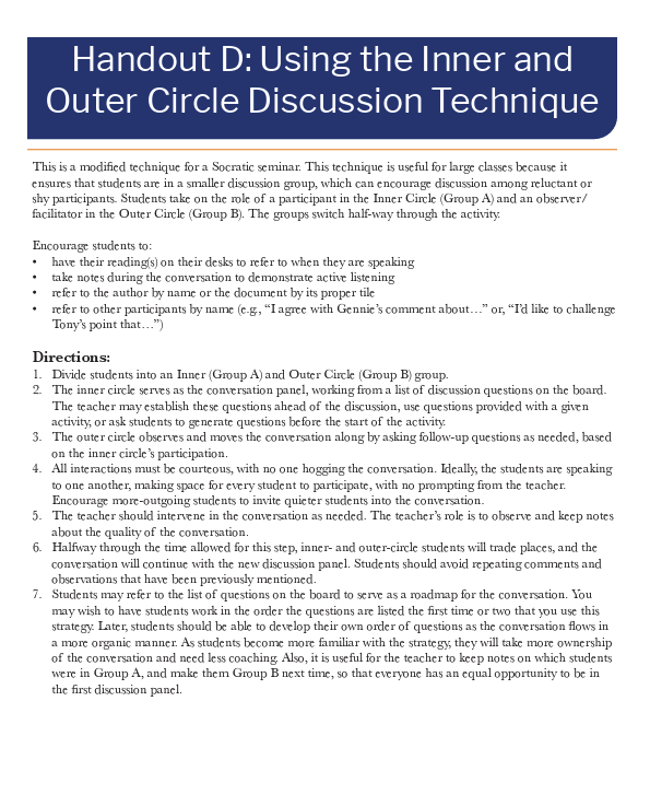 Handout detailing a Socratic seminar technique for structured classroom discussion with instructions and participant roles.
