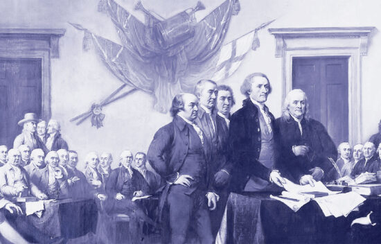 Historical illustration of the Continental Congress with delegates discussing the Declaration of Independence.