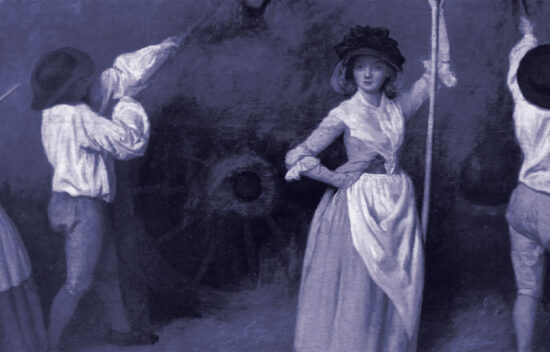 A historical painting in blue tones depicting figures from the past engaged in rural labor.