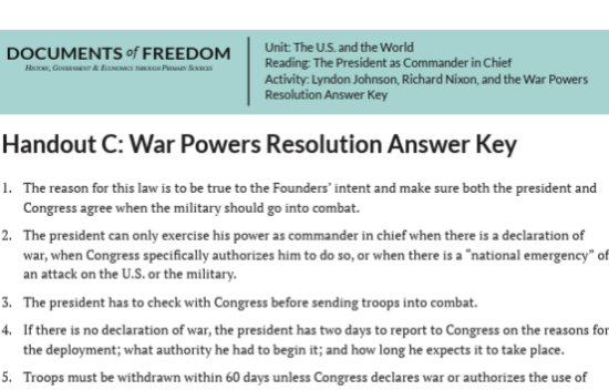 Answer key for a reading about the War Powers Resolution, detailing key points and responsibilities.