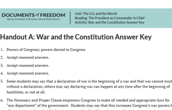 Answer key for a reading on War and the Constitution, part of a unit on U.S. government and the world.