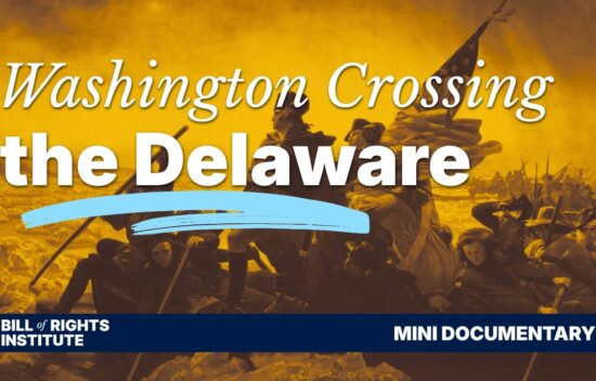 Illustration of George Washington crossing the Delaware River with troops, featuring text about a mini documentary.