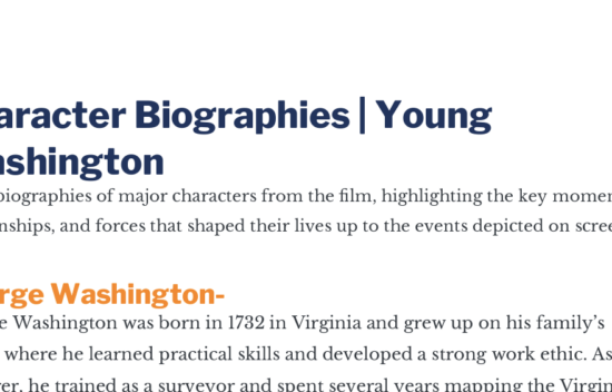 Text on a webpage featuring character biographies, focusing on George Washington's early life and work ethic.