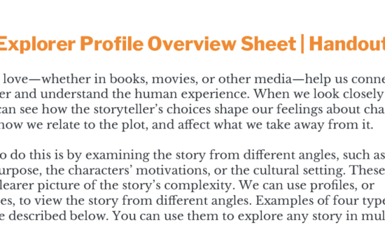 A handout titled "Story Explorer Profile Overview Sheet" outlining ways to analyze stories from different perspectives.