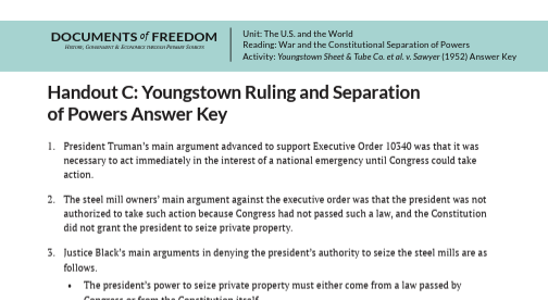 Document titled "Documents of Freedom" with text regarding Youngstown Ruling and Separation of Powers.