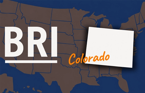 Map of the United States highlighting Colorado with "BRI" text and a blank space.