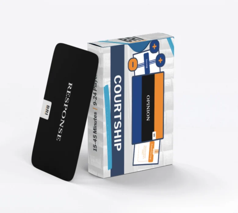 A game box titled "Courtship" next to black and white cards labeled "Response" and "Opinion."