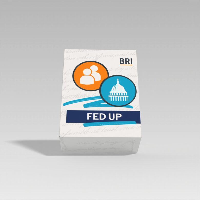 Packaging featuring graphics of people and a government building, with the text "FED UP" prominently displayed.