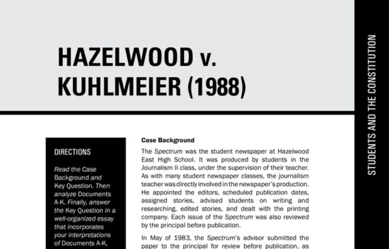 Text document featuring information about the Hazelwood v. Kuhlmeier case from 1988, including directions and background details.