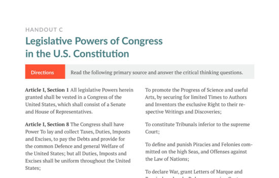 Document titled "Legislative Powers of Congress in the U.S. Constitution," detailing Articles I, Sections 1 and 8.