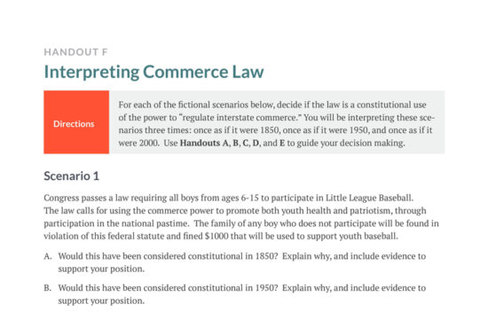 Text document titled "Interpreting Commerce Law" with directions and a scenario regarding Little League Baseball.