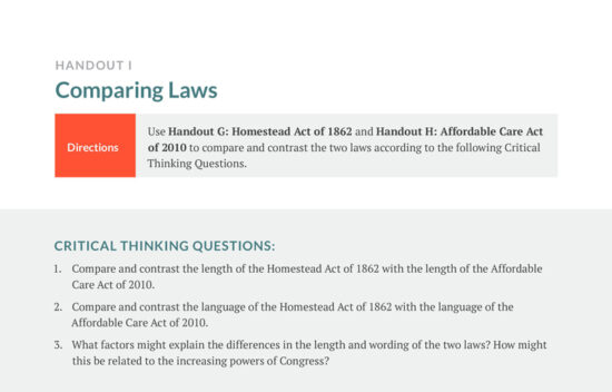 Document titled "Comparing Laws" with directions and critical thinking questions about the Homestead Act and Affordable Care Act.