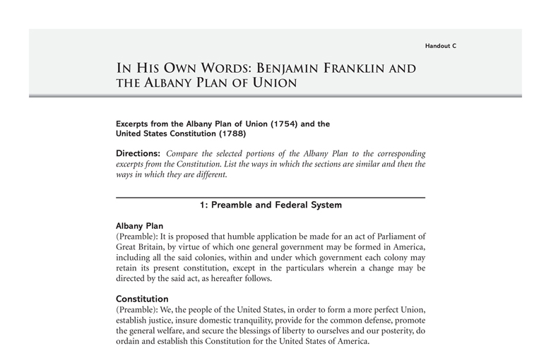 Handout C In His Own Words Benjamin Franklin And The Albany Plan Of 