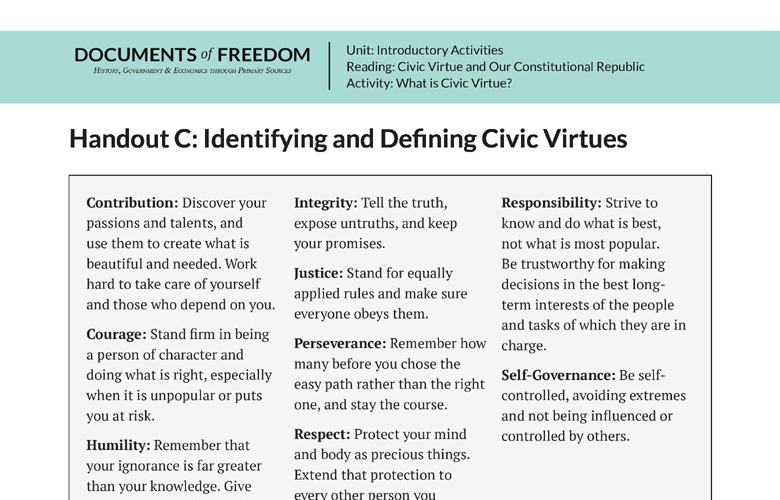Handout C Identifying And Defining Civic Virtues Bill Of Rights 