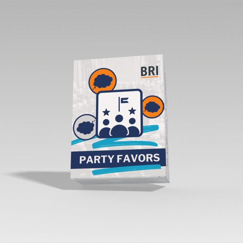 Package labeled "Party Favors" featuring graphic icons of people and balloons.