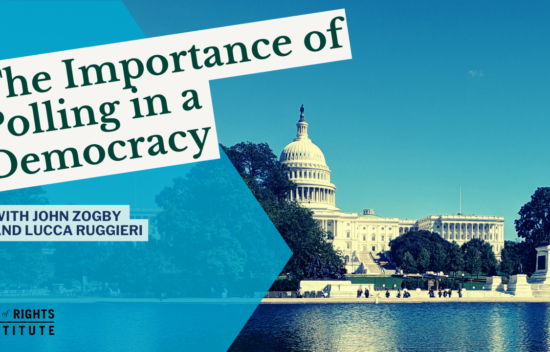 Image featuring the U.S. Capitol building with text about polling in a democracy by John Zogby and Lucca Ruggieri.