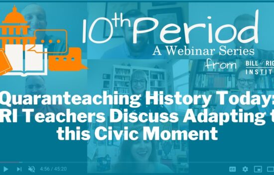 Webinar discussing history education adaptation during current civic challenges, featuring multiple speakers on screen.
