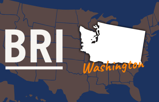 Map of the United States highlighting Washington state, with "BRI" text displayed prominently.